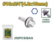 Саморез с шестигранной головкой, сверлом и двойной шайбой (резина/металл) 4,8*19мм (250шт в пакете); Jadever