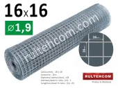 Сетка сварная оцинкованная в рулоне ячейка 16х16мм Ø1,9мм Ширина - 1м; Rultehcom