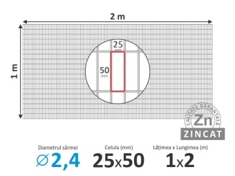 Сетка сварная оцинкованная для клеток и габионов; Ø2,4мм; H-1,0м; L-2,0м (ячейка 25*50мм)