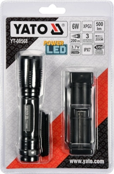 Фонарик светодиодный с аккумулятором  XP-G3 6W 500LM IPX7 ZOOM 3.7V 2200mAh 120*28mm AL YATO