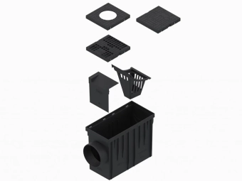 Бокс водосточный, пластиковый, черный 314x140x221мм, Dвход=75/90/110mm, с горизонтальным выходом D110мм