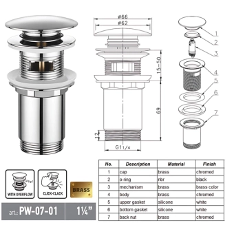 Донний клапан для раковини Koer PW-07-01 1 1/4» з переливом автоматичний СLICK-СLACK