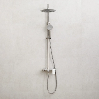 Смеситель для душевой со стойкой на стену - MAT│ECO Серия INOX RUTIL - однорычажный, с изливом, нержавеющая сталь