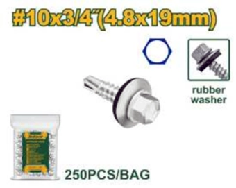 Саморез с шестигранной головкой, сверлом и двойной шайбой (резина/металл) 4,8*19мм (250шт в пакете); Jadever