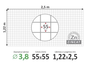 Сетка сварная для клеток и габионов, оцинкованная; Ø3,8мм; 1,22м*2,5м (ячейка 55*55мм)