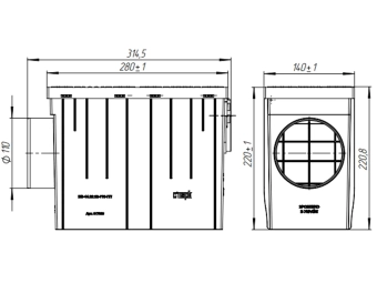 Бокс водосточный, пластиковый, черный 314x140x221мм, Dвход=75/90/110mm, с горизонтальным выходом D110мм