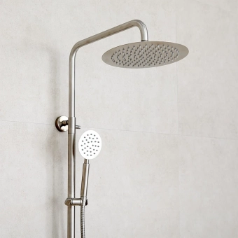 Смеситель для душевой со стойкой на стену - MAT│ECO Серия INOX RUTIL - однорычажный, с изливом, нержавеющая сталь