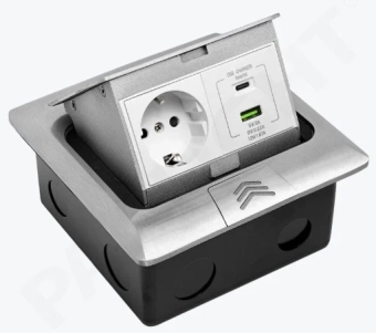 Розетка встраиваемая в пол 1xSchuko, USB A+C 18W, лючок напольный микролифт, металлическая IP44