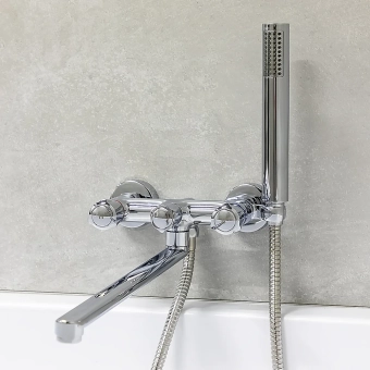 Смеситель для ванны и умывальника на стену с гарнитурой для душа - MAT│ECO Серия FRANCO - вентильный, хром