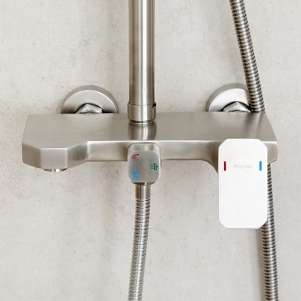 Смеситель для душевой со стойкой на стену - MAT│ECO Серия INOX RUTIL - однорычажный, с изливом, нержавеющая сталь