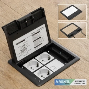 Розетка напольная в пол 1 RJ45 + 3 x 2P+E, люк на 4 модуля, IP44, Серый