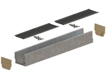 Лоток водоотводный фибробетоный BASE DN100 H125 с решеткой чугунной щелевой класс нагрузки C250