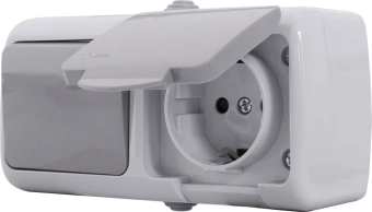 Розетка + выключатель одноклавишный IP44, с крашкой и заземлением серый