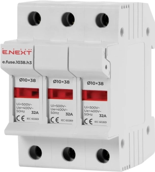 Держатель предохранителя на DIN-рейку e.fuse.1038.h3, для предохранителя 10х38, 3р, 32А