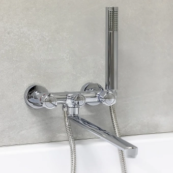 Смеситель для ванны и умывальника на стену с гарнитурой для душа - MAT│ECO Серия FRANCO - вентильный, хром