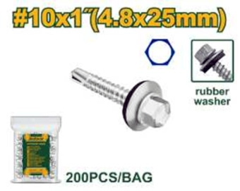 Саморез с шестигранной головкой, сверлом и двойной шайбой (резина/металл) 4,8*25мм (200шт в пакете); Jadever